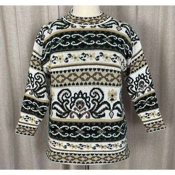 Vintage Sweater Womens Size Large White Green Brocade Mock Neck Knit 80s 90s - Picture 1 of 11